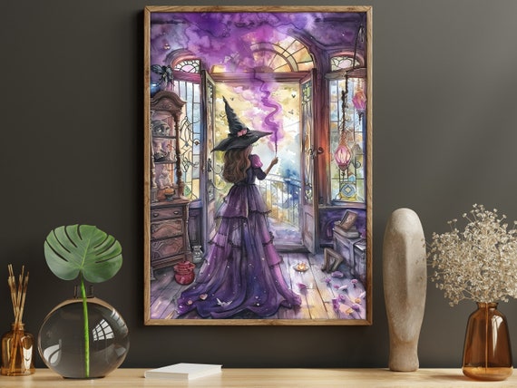 Young Witch in Magic Room Halloween Watercolor Art Print