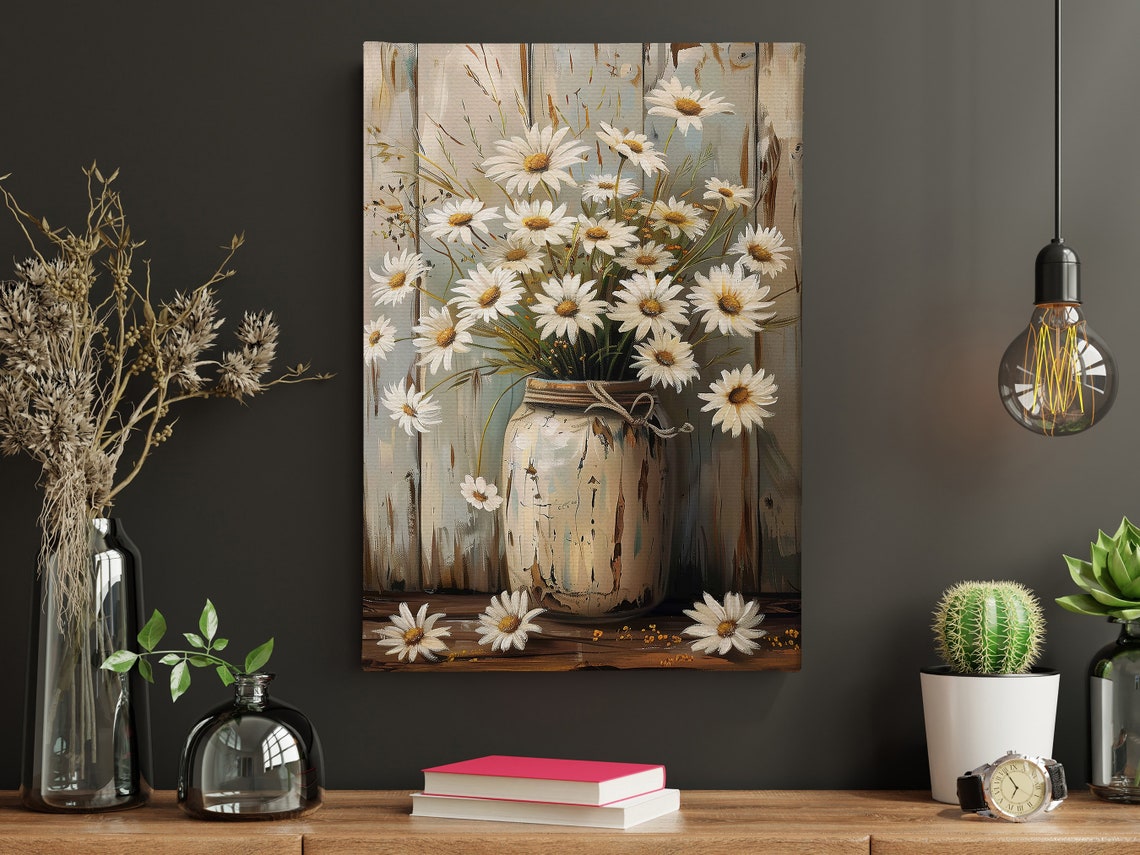 White Daisies In Rustic Vase Farmhouse Floral Still Life Wall Poster - Image 4