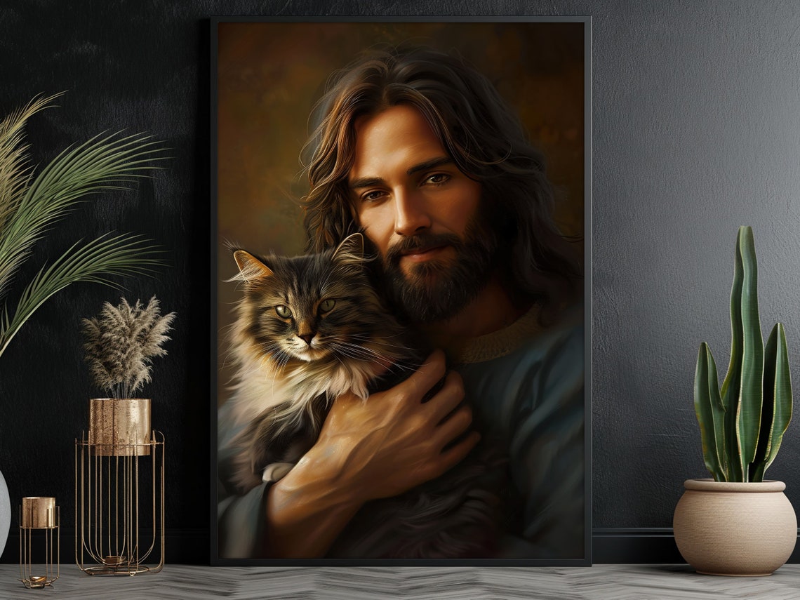 Jesus Holding A Fluffy Tabby Cat Warm Devotional Faith Art Poster - Image 5