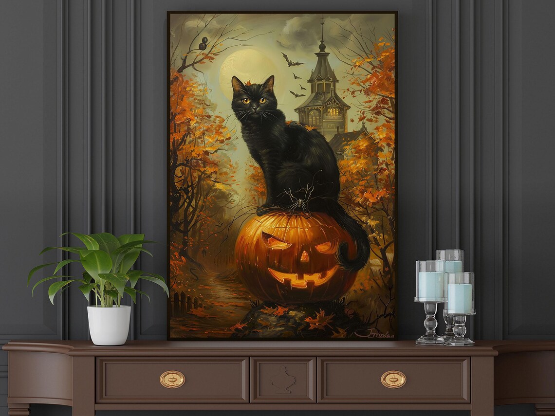 Vintage Black Cat and Pumpkin Halloween Poster - Image 3