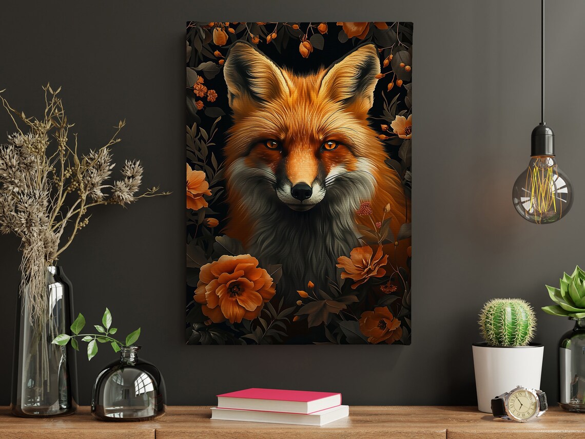 Red Fox Among Orange Flowers On Black Floral Wildlife Portrait Wall Poster - Image 5