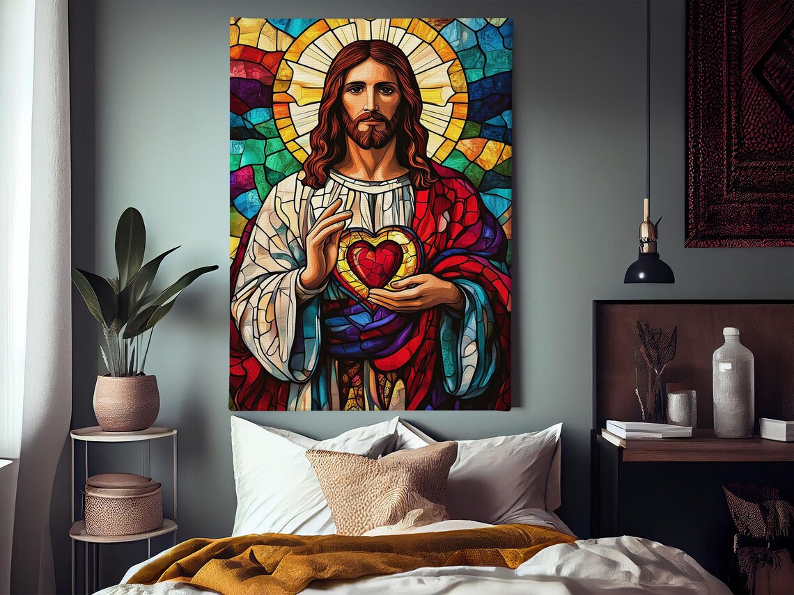 Jesus Christ Sacred Heart Stained Glass Style Portrait Religious Wall Art - Image 3