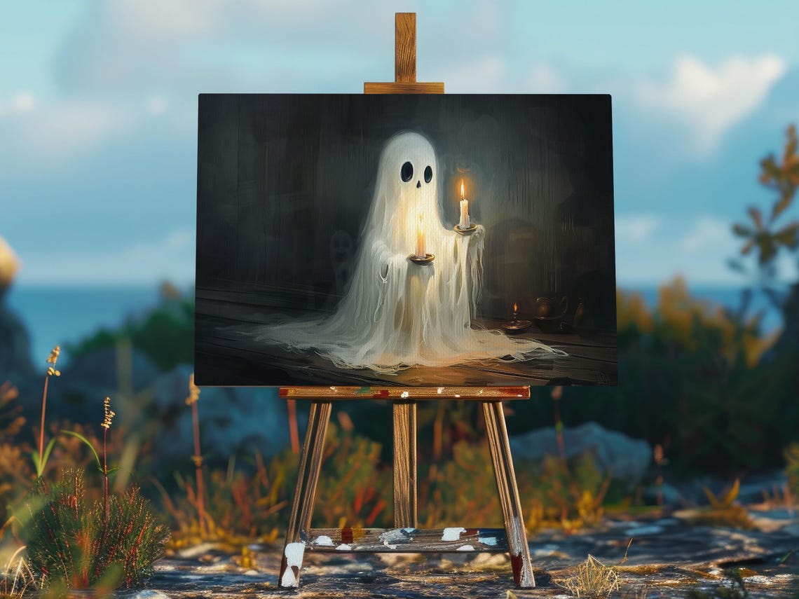 Dark Ghost Holding Two Lit Candles in Spooky Room Candlelight Poster - Image 2