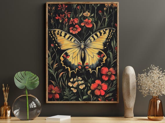 Vintage Butterflies And Flowers Painting Cottage Botanical Print Retro Flowers Print Butterfly Wall Art