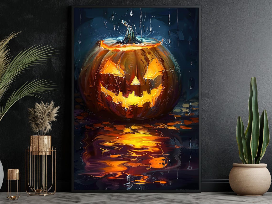 Glowing Jack O Lantern In Rain Spooky Halloween Pumpkin Art Poster
