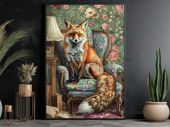 Cottage Fox On Sofa Art Print, Animal Decor