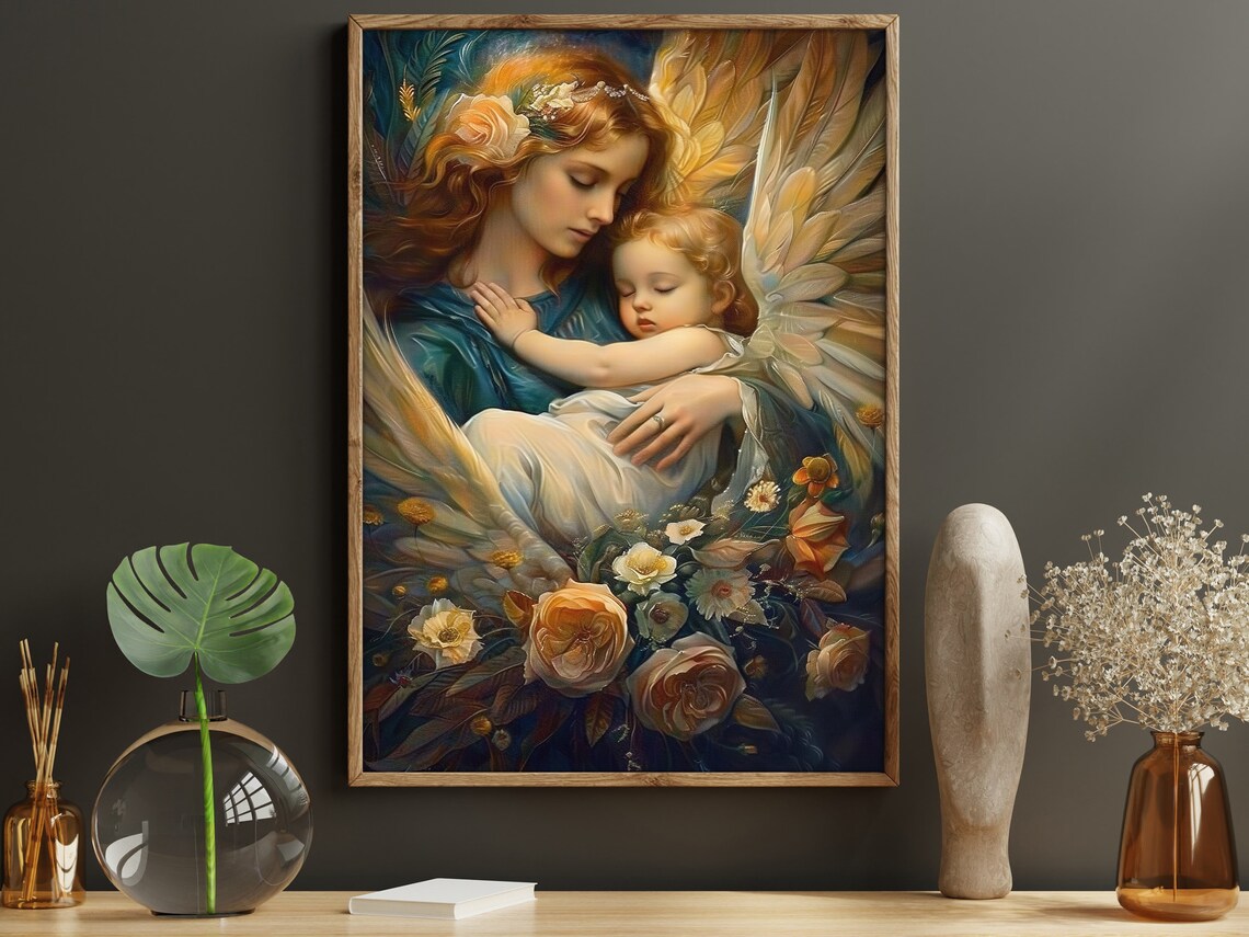 Guardian Angel Holding Sleeping Baby Golden Wings Floral Faith Poster