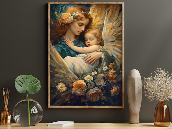 Guardian Angel Holding Sleeping Baby Golden Wings Floral Faith Poster