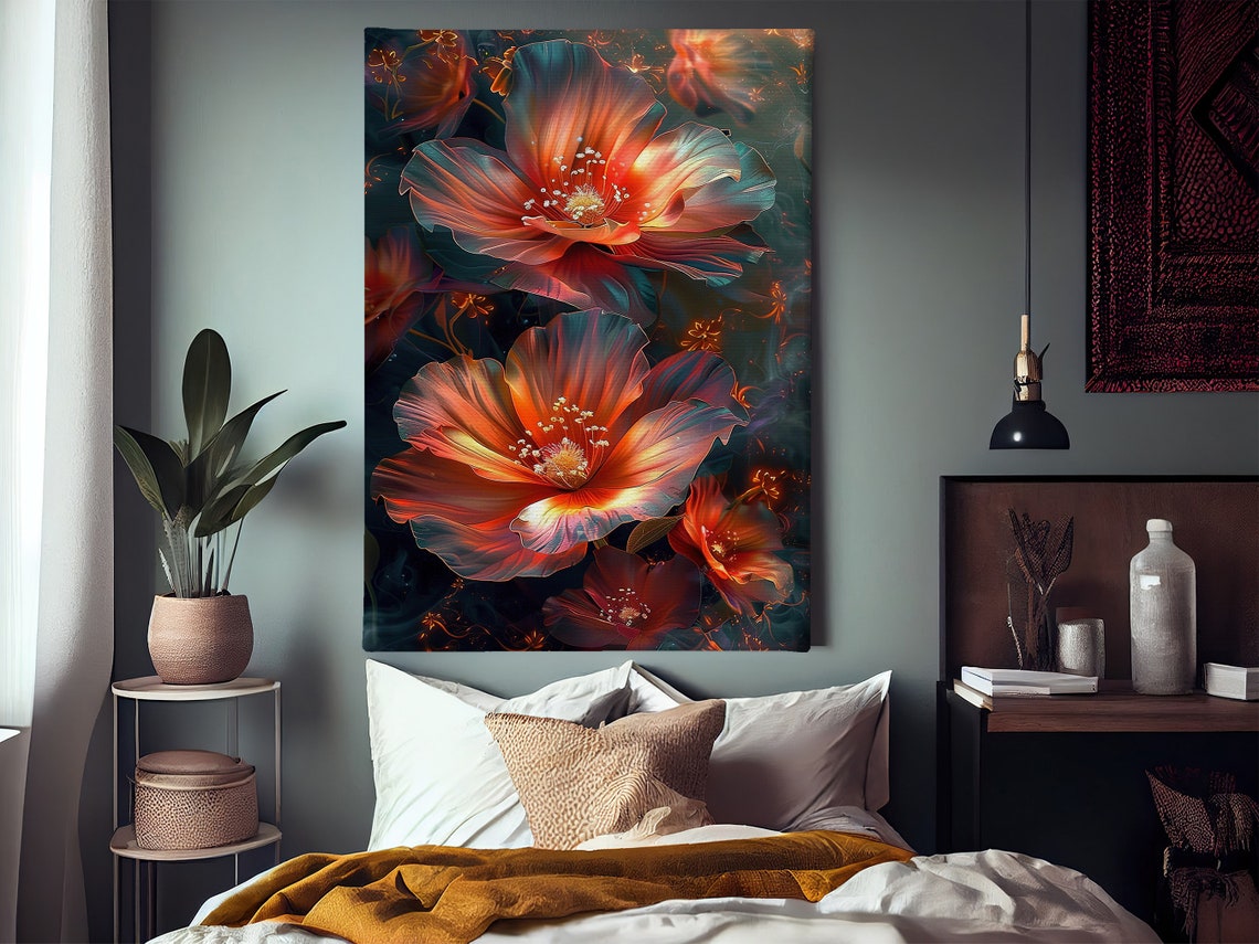 Glowing Red Orange Translucent Flowers On Dark Background Art Poster - Image 2