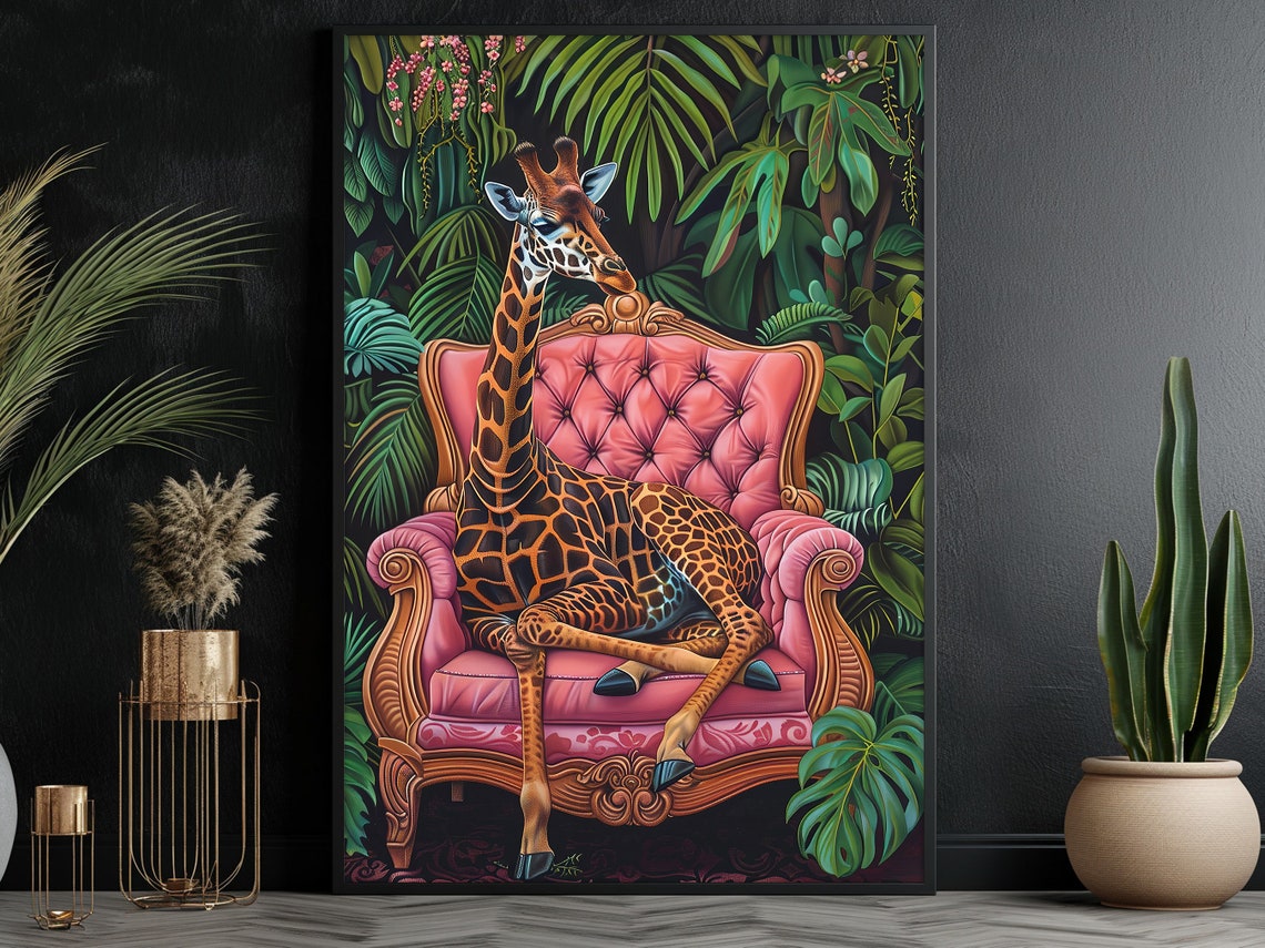 Giraffe Pink Velvet Armchair Tropical Jungle Animal Art Poster