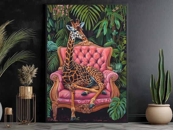 Giraffe Pink Velvet Armchair Tropical Jungle Animal Art Poster