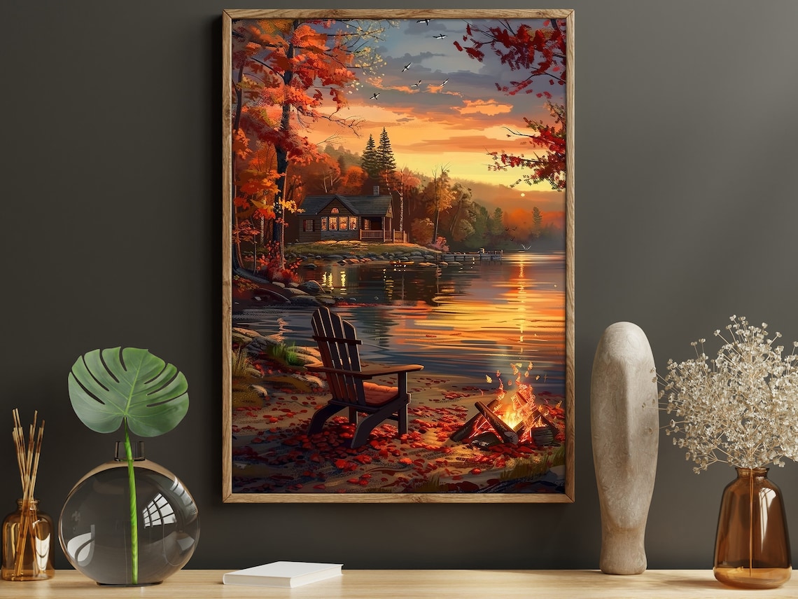 Vintage Sunset Lake Oil Painting Landscape Art Print
