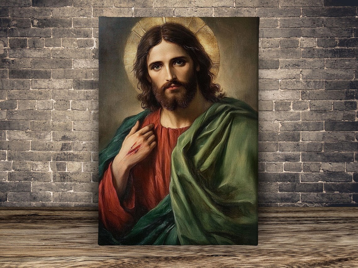 Classic Jesus Christ Portrait With Golden Halo Red Robe Religious Print - Image 2