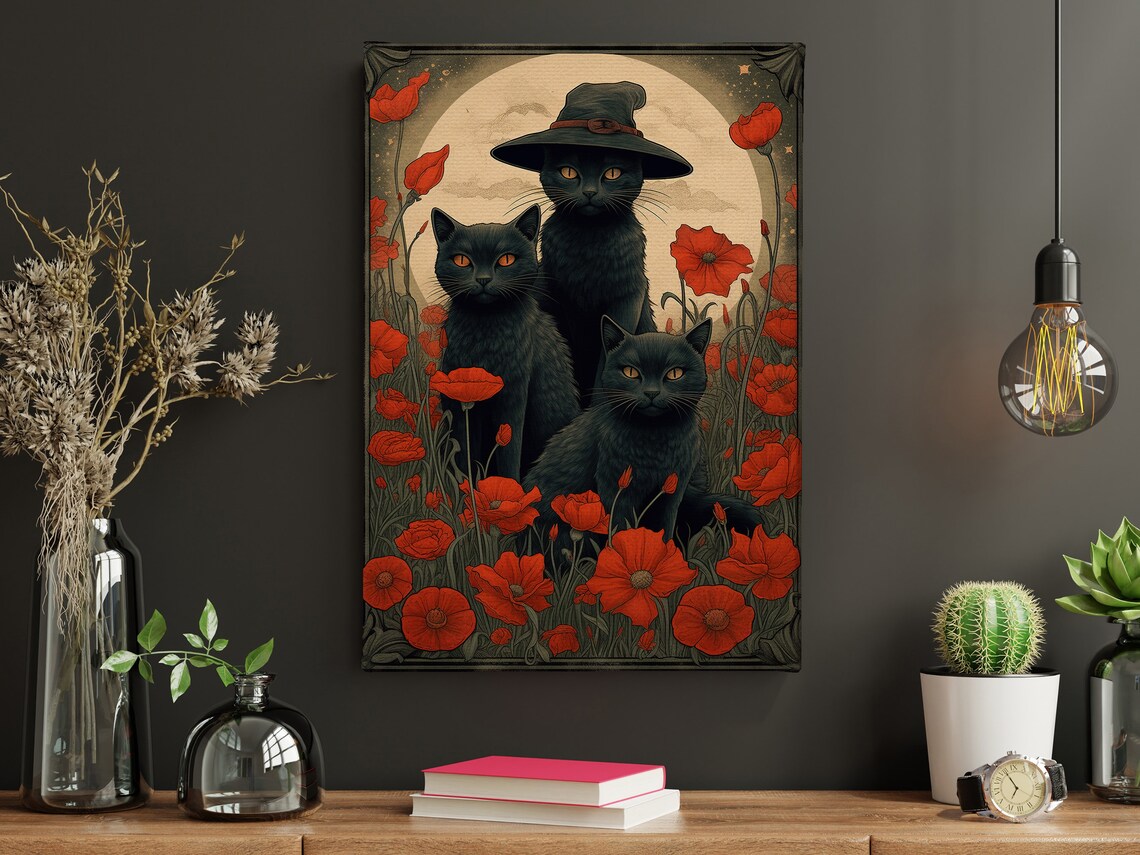 Three Black Cats In Red Poppy Field With Full Moon Halloween Poster - Image 3