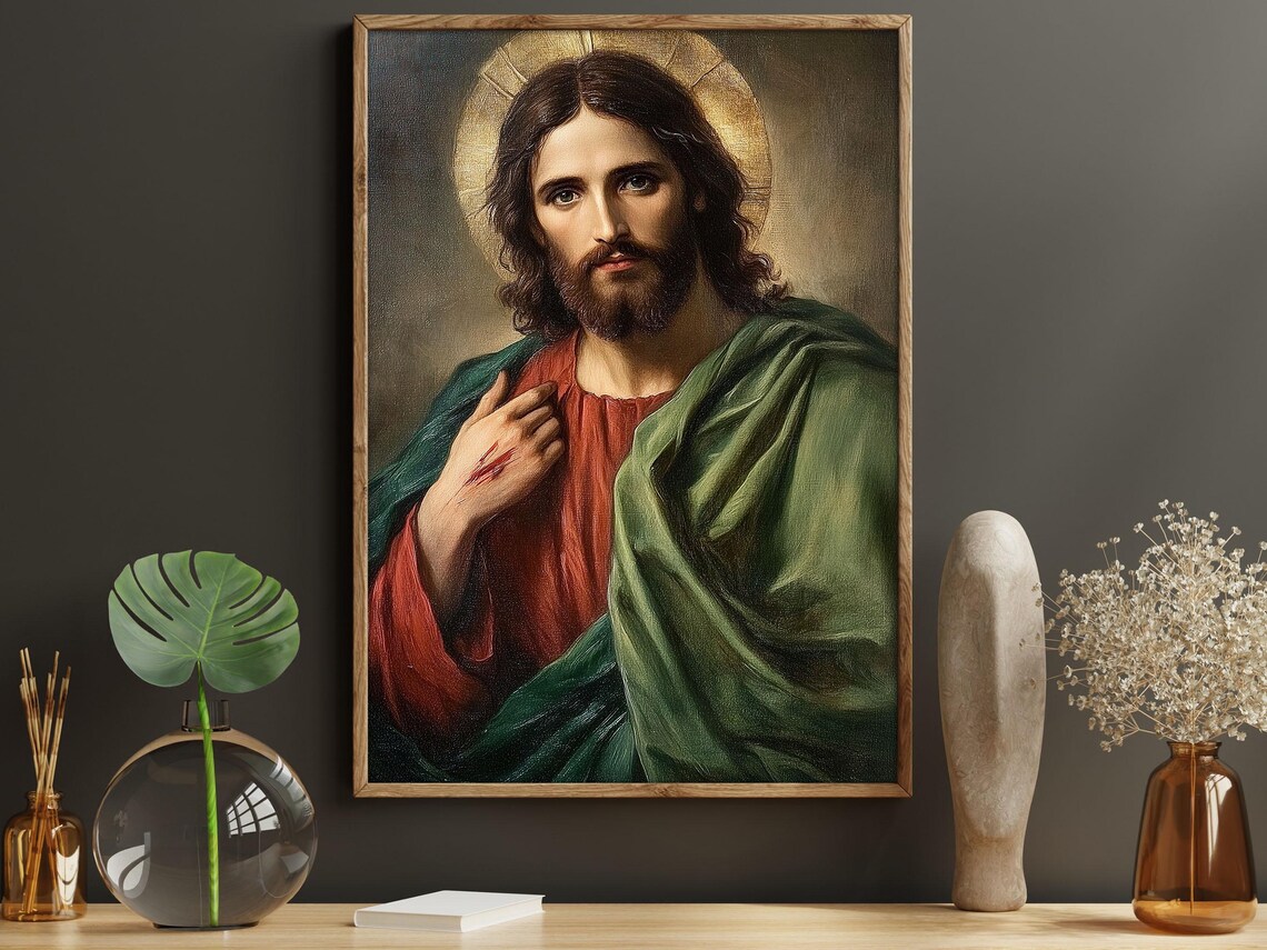 Classic Jesus Christ Portrait With Golden Halo Red Robe Religious Print - Image 6