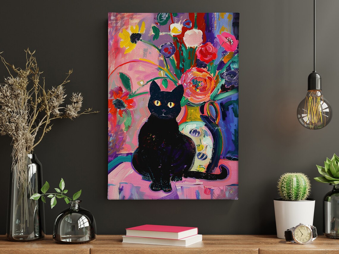 Matisse-Inspired Black Cat and Flowers Art Print - Image 5