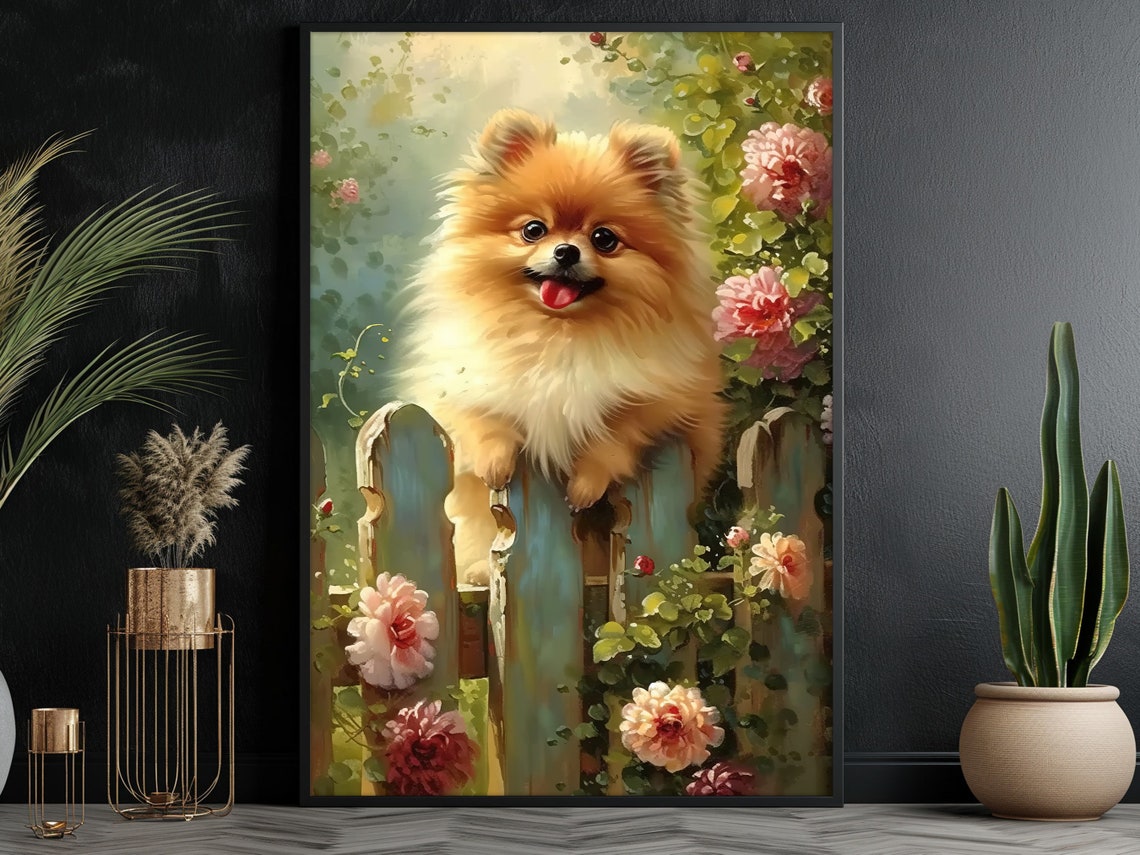 Vintage Cute Dog On The Fence Oil Painting Dog Print Dog Print Flowers Poster Print Pet Wall Art Dog Lovers Gift - Image 2