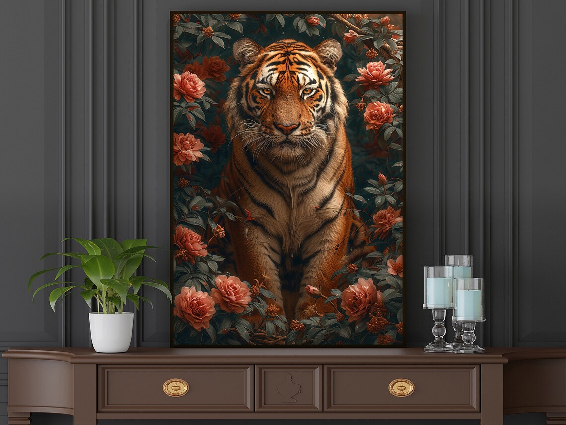 Majestic Tiger In Red Rose Garden Dark Botanical Realistic Wildlife Poster - Image 2