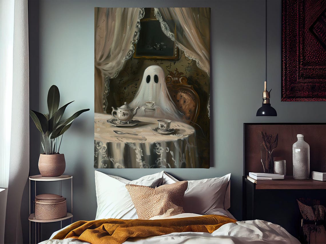 Cute Cottage Ghost Enjoying Tea at Victorian Table Halloween Poster - Image 4