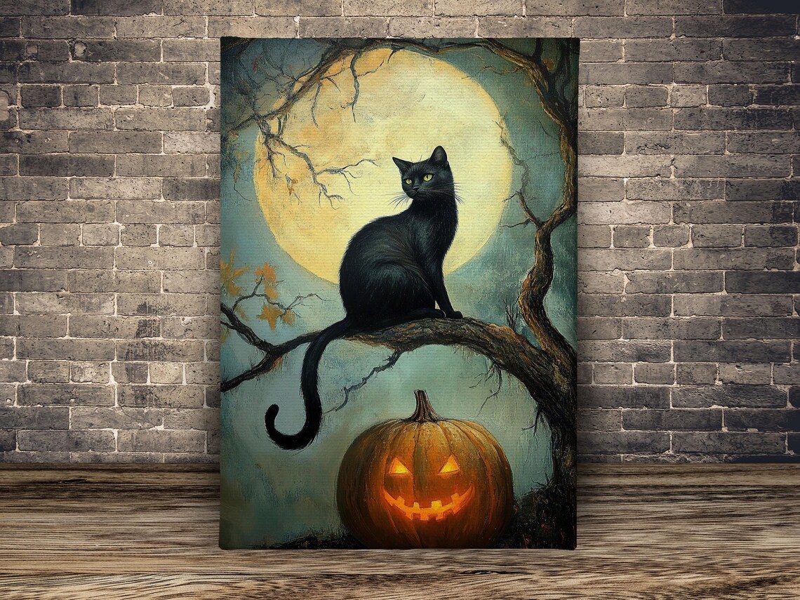 Vintage Black Cat And Moon Halloween Poster, Pumpkin Decor - Image 2