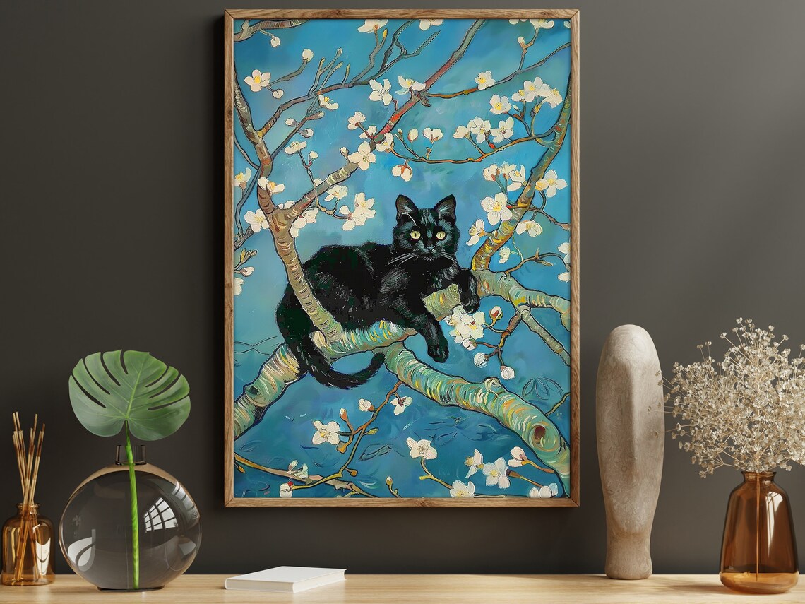 Vintage Black Cat in Flowers Garden Art Print
