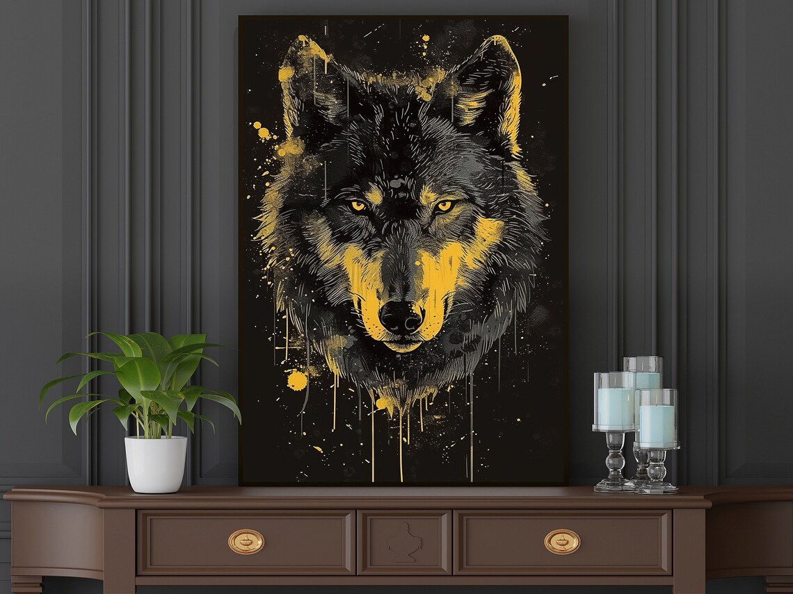 Black Wolf Head With Gold Paint Splatter On Black Modern Wildlife Poster - Image 2