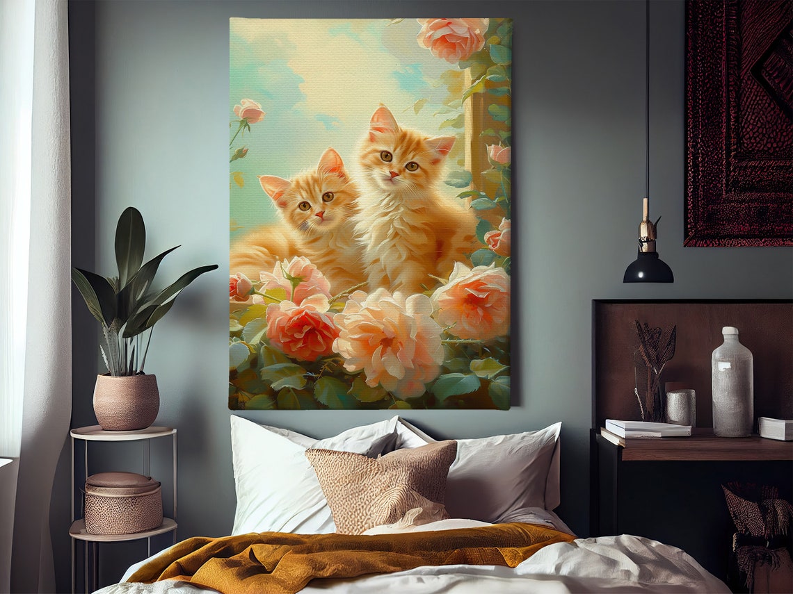 Two Cream Kittens Among Peach Roses At Window Cat Art Poster - Image 3