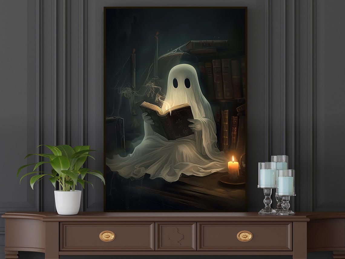 Ghost Reading Glowing Book By Candlelight Cute Halloween Art Print - Image 3
