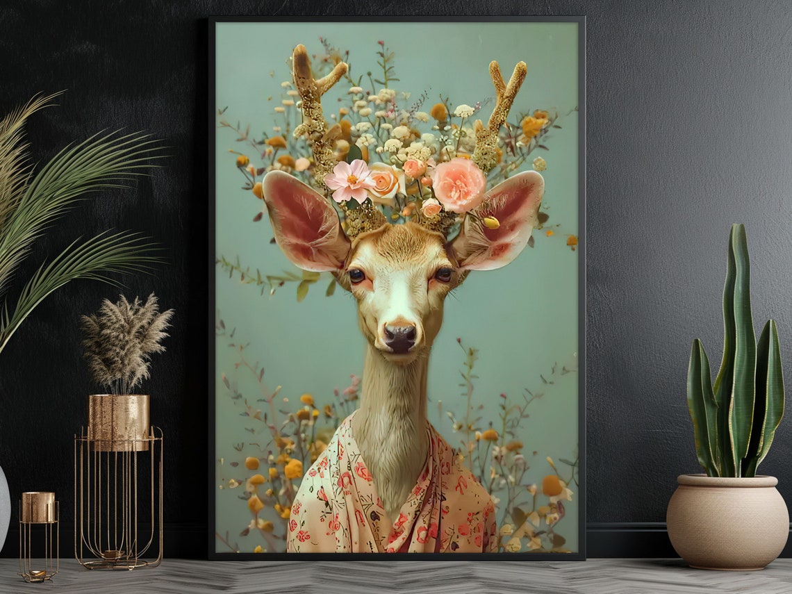 Deer With Floral Crown Portrait On Sage Green Maximalist Animal Poster