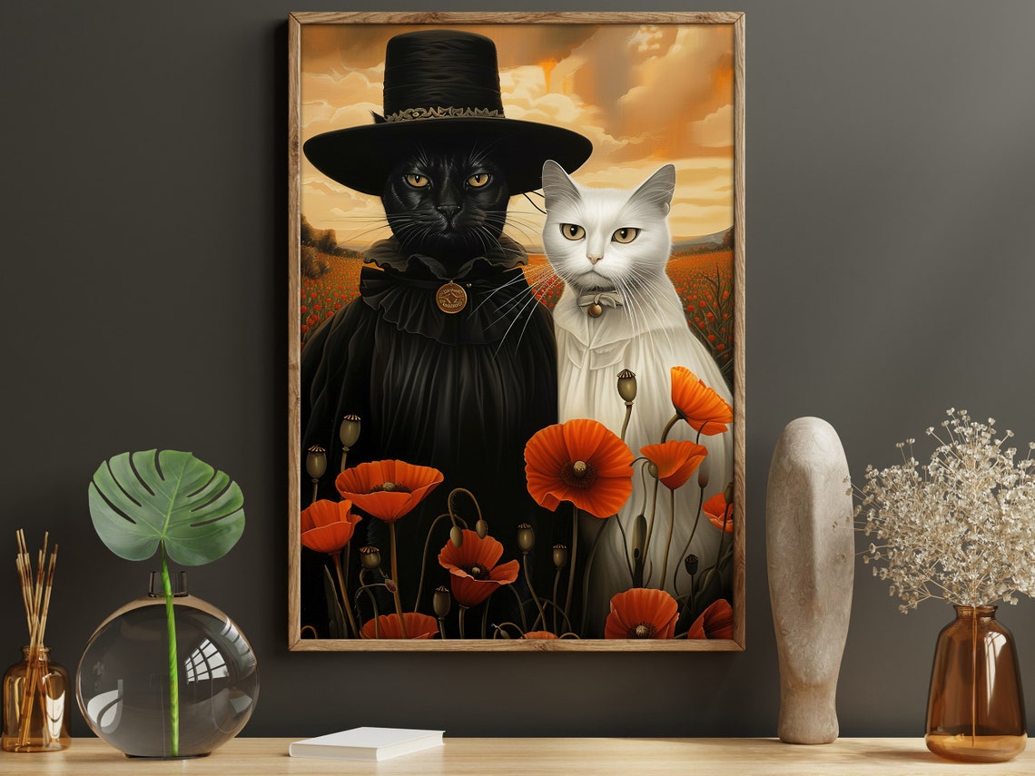Cottage Countryside Couple Cat Oil Painting Retro Cat Print Cat Print Animal Poster Print Animal Wall Art Cat Lovers Gift