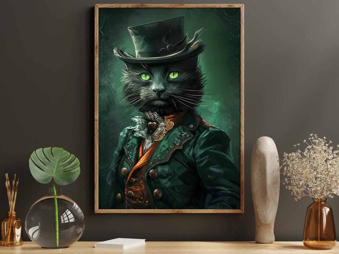 Gothic Gentleman Black Cat Portrait In Top Hat Vintage Style Print