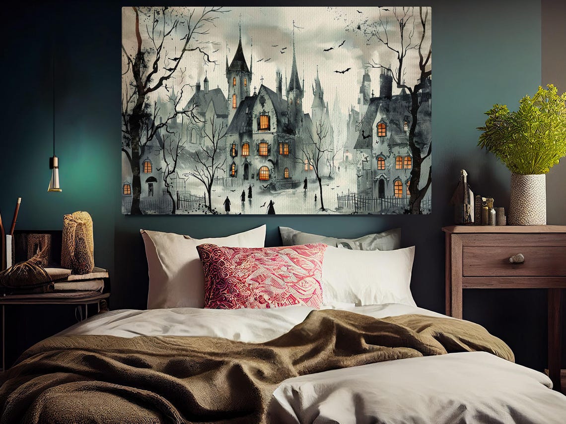 Spooky Haunted Old Town Street Watercolor with Glowing Windows Poster - Image 3