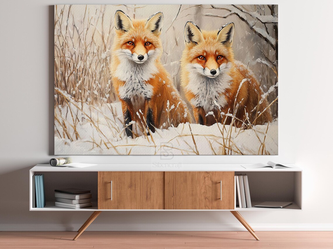 Two Red Foxes Standing In Snowy Winter Grass Wildlife Pair Painting Wall Art - Image 3
