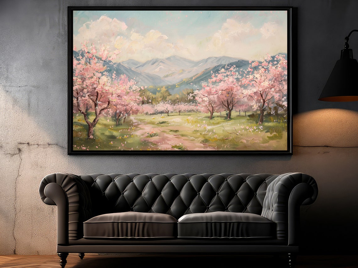 Cherry Blossom Orchard In Spring With Mountains Landscape Art Poster - Image 3
