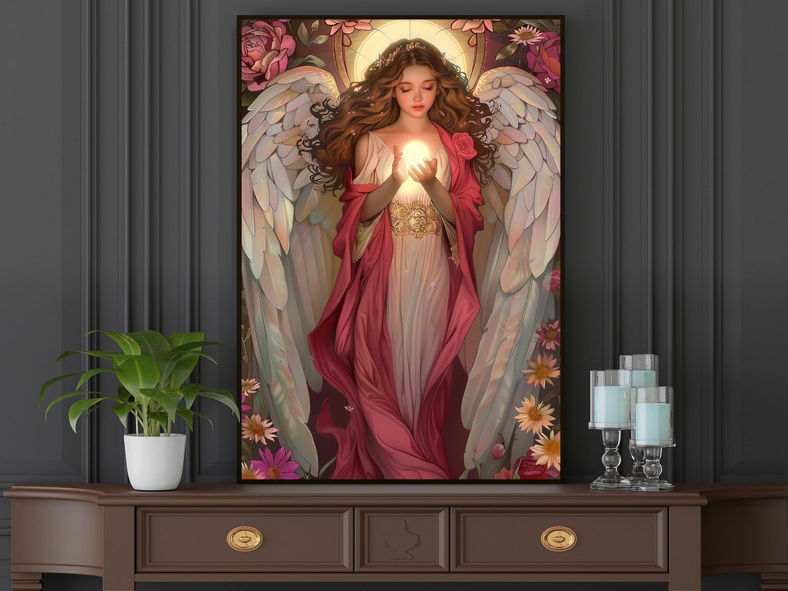 Guardian Angel Holding Light Of Hope Red Robe Floral Art Print Poster - Image 5