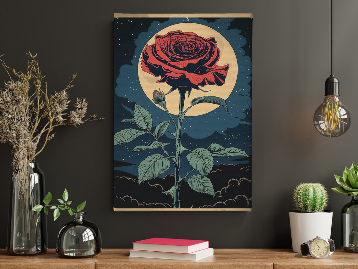 Red Rose Against Full Moon Starry Night Vintage Botanical Art Poster - Image 4