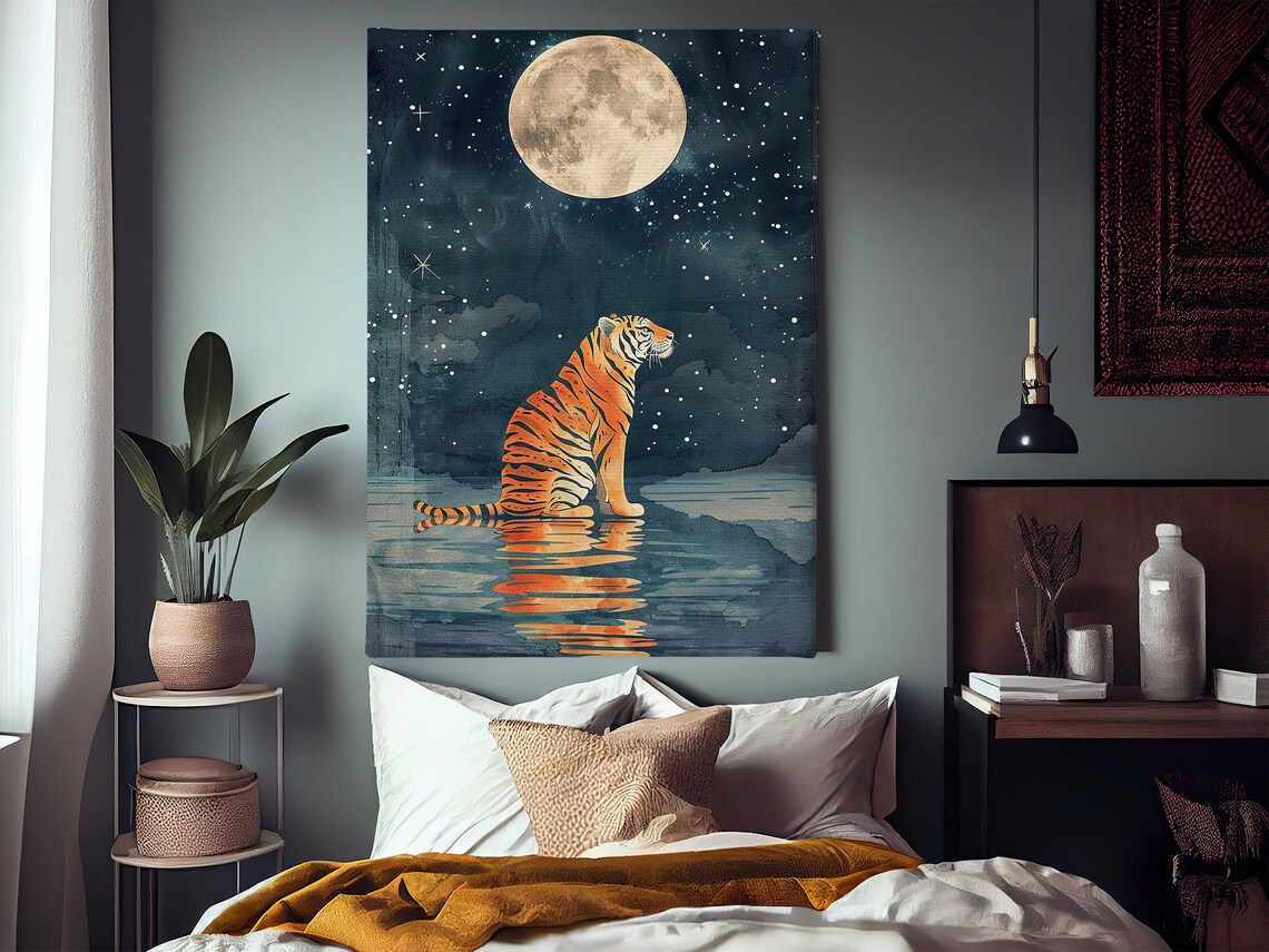 Vintage Tiger Under The Moon, Animal Art Print - Image 3
