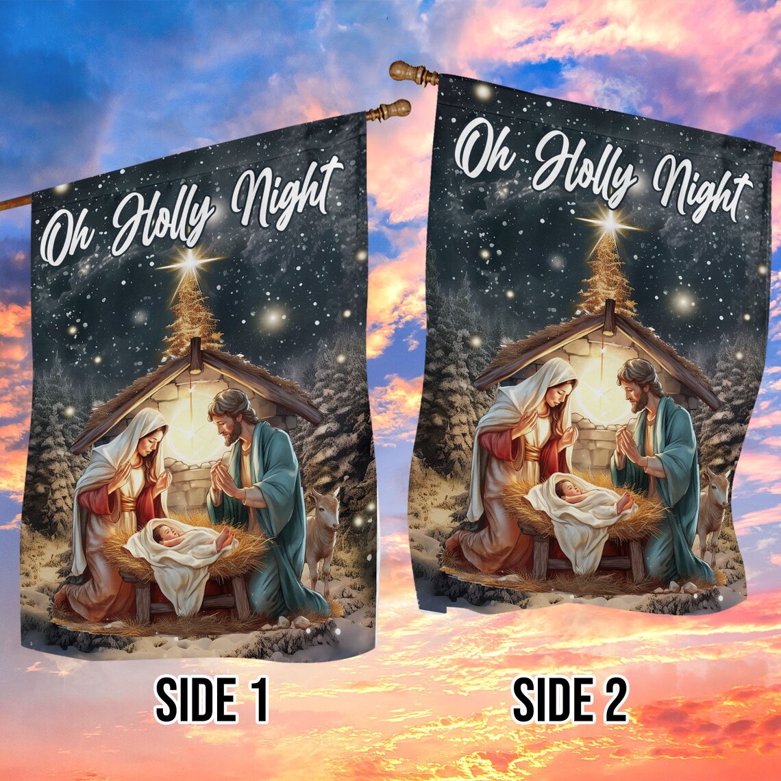 Oh Holly Night Nativity Manger Scene Christmas Garden Flag Snowy Star Decor - Image 5