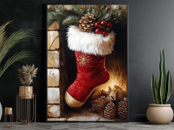 Cozy Christmas Stocking Painting, Fireplace Art Print