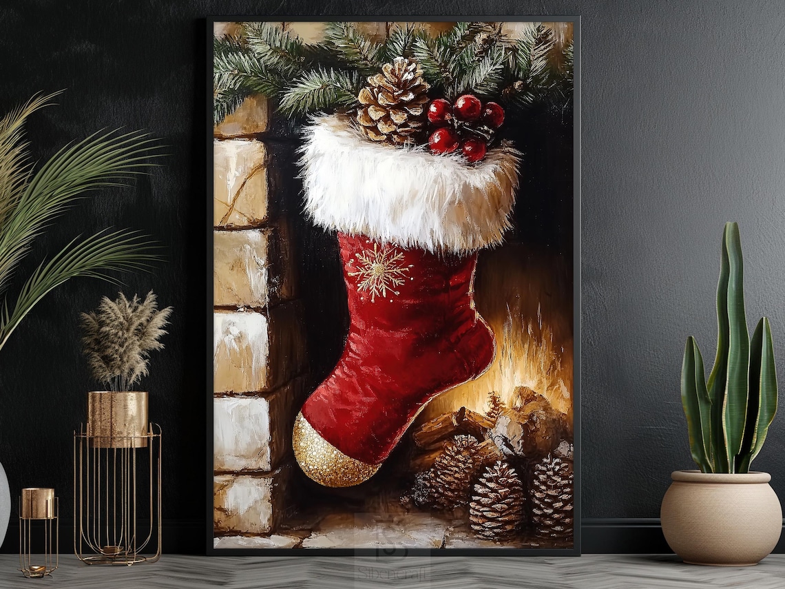 Cozy Christmas Stocking Painting, Fireplace Art Print