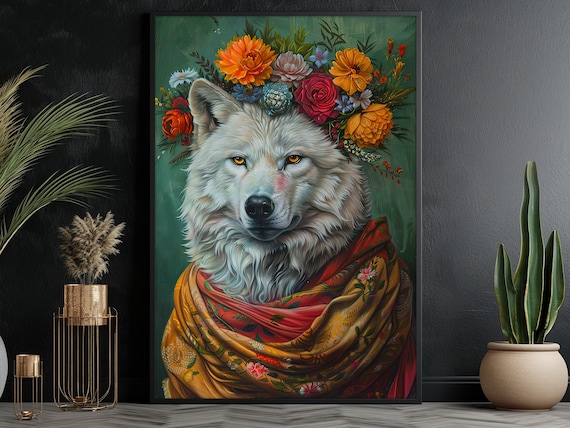 White Wolf Portrait With Floral Crown Maximalist Vintage Art Print