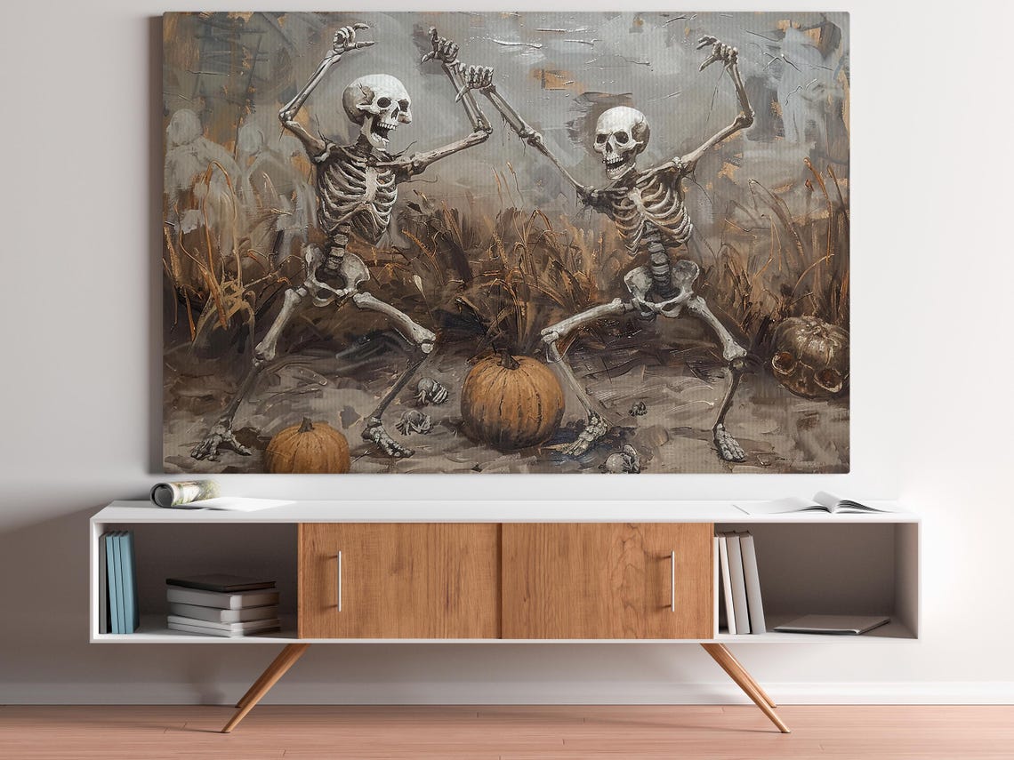 Joyful Dancing Skeletons Among Pumpkins in Harvest Field Art Poster - Image 4