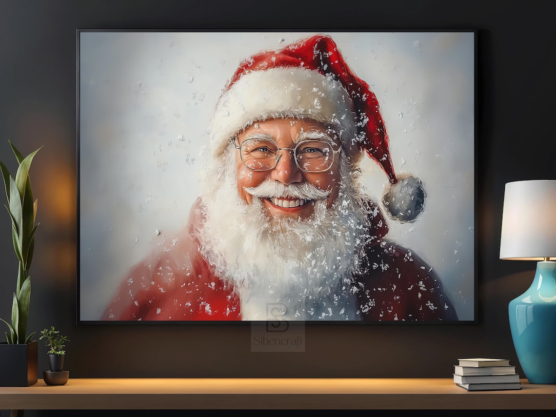 Vintage Santa Portrait Painting Warm Santa Cottage Santa Claus Poster Print Christmas Wall Art Cozy Christmas Decor