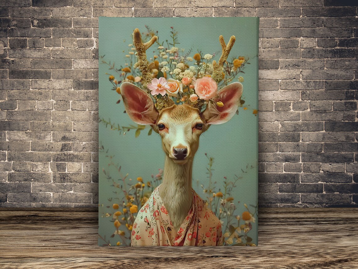 Deer With Floral Crown Portrait On Sage Green Maximalist Animal Poster - Image 2