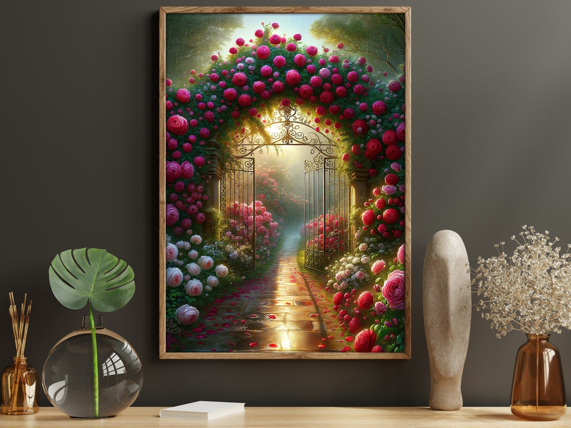 Rose Covered Garden Gate Arch Glowing Path Romantic Floral Art Poster - Image 5