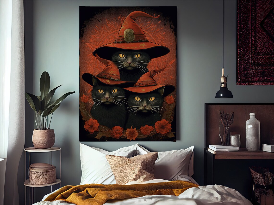Three Black Cats In Red Witch Hats Halloween Floral Vintage Style Poster - Image 3