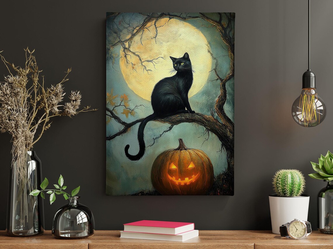 Vintage Black Cat And Moon Halloween Poster, Pumpkin Decor - Image 5