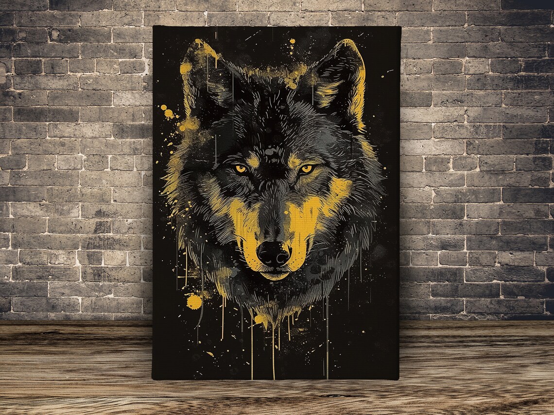 Black Wolf Head With Gold Paint Splatter On Black Modern Wildlife Poster - Image 5