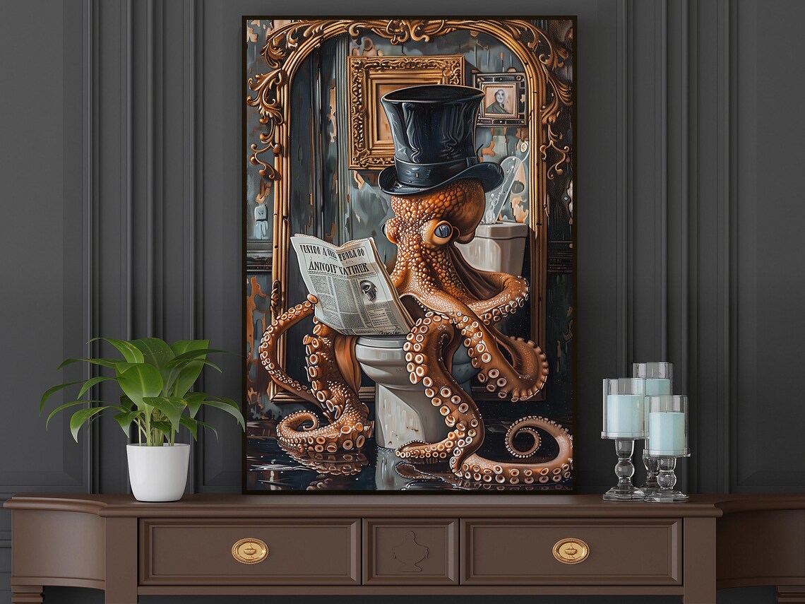 Vintage Octopus on Toilet Bathroom Poster Print - Image 6
