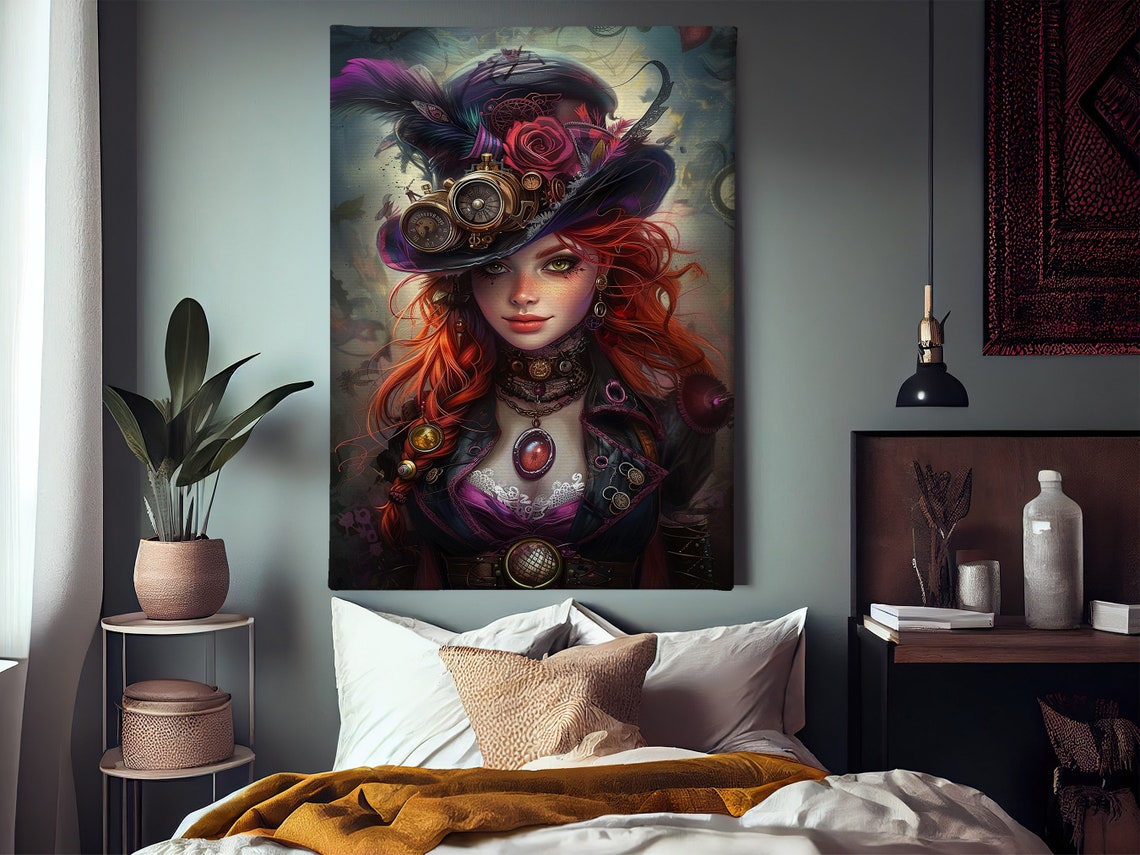 Steampunk Woman In Feathered Top Hat With Goggles Fantasy Art Poster - Image 2